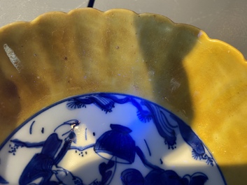 A pair of lobed Chinese blue and white yellow edge plates, 'hare' mark, Wanli