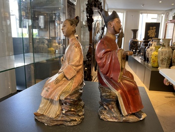 A pair of Chinese painted pottery nodding head figures, Qianlong