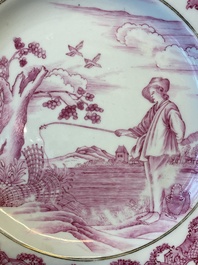 A Chinese puce-decorated 'The young fisherman' plate after Abraham Bloemaert, Qianlong