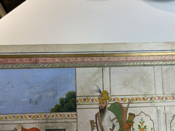 Indische school, miniatuur: 'Audi&euml;ntie bij Maharadja Ranjit Singh', met goud opgehoogde opake pigmenten op papier, 19e eeuw