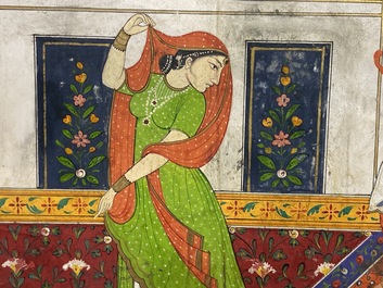 Ecole indienne, miniature: 'Entretien avec le Maharaja Ranjit Singh', pigments opaques rehauss&eacute;s d'or sur papier, 19&egrave;me