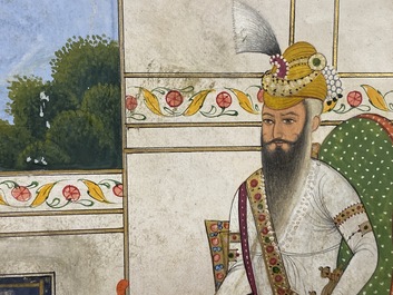 Ecole indienne, miniature: 'Entretien avec le Maharaja Ranjit Singh', pigments opaques rehauss&eacute;s d'or sur papier, 19&egrave;me