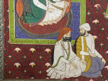 Ecole indienne, miniature: 'Entretien avec le Maharaja Ranjit Singh', pigments opaques rehauss&eacute;s d'or sur papier, 19&egrave;me