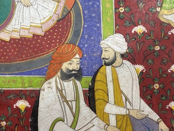 Ecole indienne, miniature: 'Entretien avec le Maharaja Ranjit Singh', pigments opaques rehauss&eacute;s d'or sur papier, 19&egrave;me