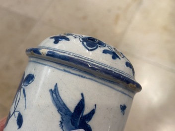 A Dutch Delft blue and white tripod caster with birds near blossoms, 1st half 18th C.