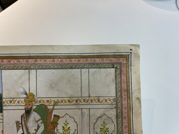 Ecole indienne, miniature: 'Entretien avec le Maharaja Ranjit Singh', pigments opaques rehauss&eacute;s d'or sur papier, 19&egrave;me