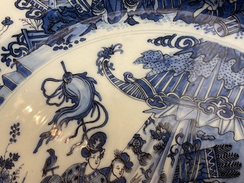 A finely painted and thin-walled large Dutch Delft blue and white chinoiserie dish, late 17th C.