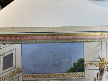 Ecole indienne, miniature: 'Entretien avec le Maharaja Ranjit Singh', pigments opaques rehauss&eacute;s d'or sur papier, 19&egrave;me