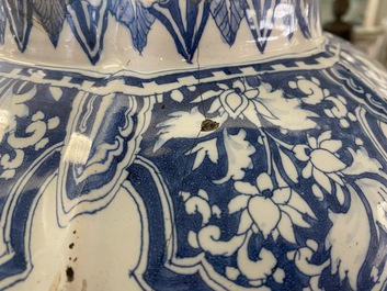 An exceptionally large blue and white baluster vase with naturalistic design, Delft or Frankfurt, late 17th C.