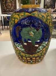 A Chinese two-sided design vase and a biscuit vase with mythical animals, 19/20th C.