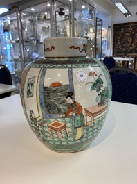 A large Chinese famille verte jar and cover, 19th C.