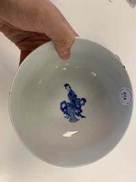 A Chinese blue and white bowl and a pair of cups and saucers, Kangxi