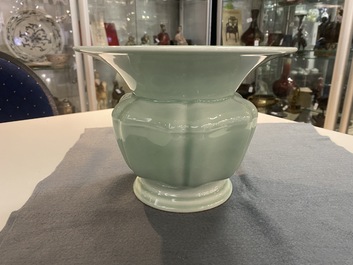 A Chinese monochrome celadon 'zhadou' spittoon, Yongzheng mark, Republic