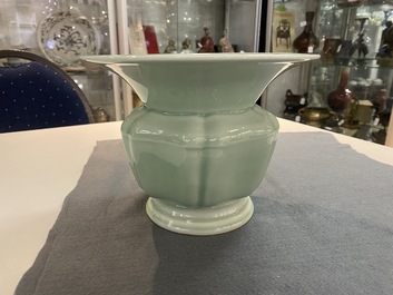 A Chinese monochrome celadon 'zhadou' spittoon, Yongzheng mark, Republic