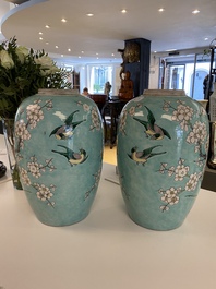 A pair of Chinese verte biscuit turquoise-ground jars, 19th C.