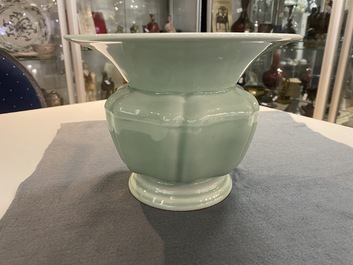 A Chinese monochrome celadon 'zhadou' spittoon, Yongzheng mark, Republic