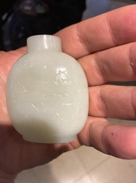 A Chinese white jade 'Eight horses of Mu Wang' snuff bottle, 18/19th C.