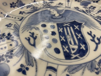 A rare Japanese blue and white armorial plate with barbed rim, Edo, 18th C.