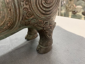 A Chinese ram-shaped silver-inlaid bronze 'xizun' vessel, Ming