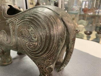 A Chinese ram-shaped silver-inlaid bronze 'xizun' vessel, Ming