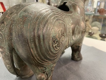 A Chinese ram-shaped silver-inlaid bronze 'xizun' vessel, Ming