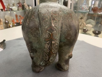 A Chinese ram-shaped silver-inlaid bronze 'xizun' vessel, Ming