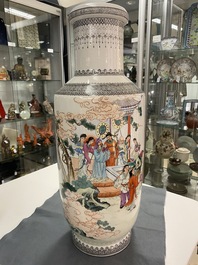 A Chinese famille rose 'immortals' vase and a jar with a lady and boys in a garden, Qianlong mark, Republic