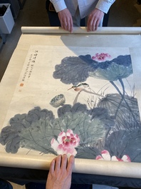 Tian Shiguang (1916-1999) et Yu Fei'an (1889-1959): 'Martin-p&ecirc;cheur sur fleurs de lotus', encre et couleurs sur papier, dat&eacute; 1946