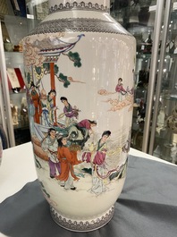 A Chinese famille rose 'immortals' vase and a jar with a lady and boys in a garden, Qianlong mark, Republic