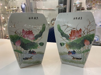 A pair of Chinese qianjiang cai jars and covers, signed Song Yue Xuan and dated 1912