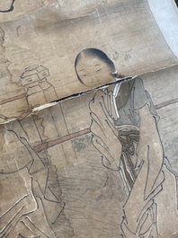 Luo Qing (1821-1899): vier scrolls met figuren in landschappen, inkt en kleur op papier