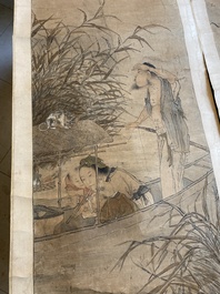 Luo Qing (1821-1899): vier scrolls met figuren in landschappen, inkt en kleur op papier