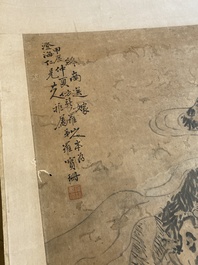 Luo Qing (1821-1899): vier scrolls met figuren in landschappen, inkt en kleur op papier