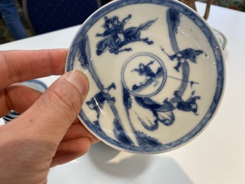 Seven Chinese blue and white cups and saucers, Kangxi