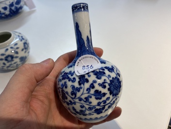 A Chinese blue and white 'soft paste' Ming-style bottle vase and a water pot, Qianlong and 19th C.