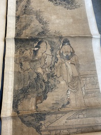 Luo Qing (1821-1899): vier scrolls met figuren in landschappen, inkt en kleur op papier