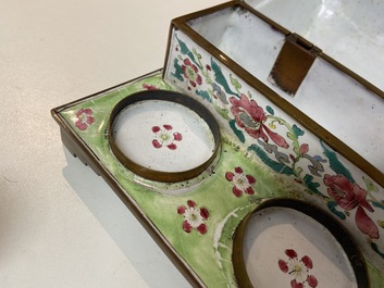 A Chinese rectangular Canton enamel desk set, Qianlong