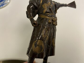 A Japanese patinated and gilded bronze figure of a warrior, signed Miyao, Meiji, 19th C.