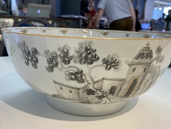 A Chinese grisaille and gilt bowl depicting a convent and birds in a landscape, Qianlong