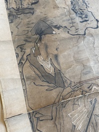 Luo Qing (1821-1899): vier scrolls met figuren in landschappen, inkt en kleur op papier