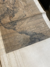 Luo Qing (1821-1899): vier scrolls met figuren in landschappen, inkt en kleur op papier