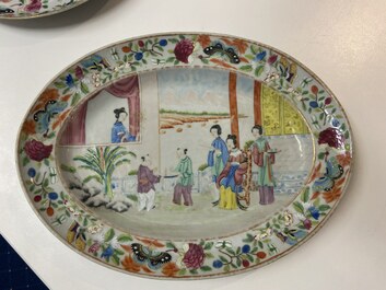 A fine oval Chinese Canton famille rose dish and a round dish, 19th C.