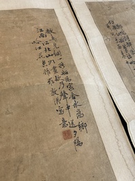 Luo Qing (1821-1899): vier scrolls met figuren in landschappen, inkt en kleur op papier