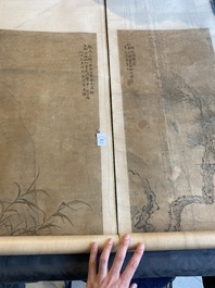 Luo Qing (1821-1899): vier scrolls met figuren in landschappen, inkt en kleur op papier