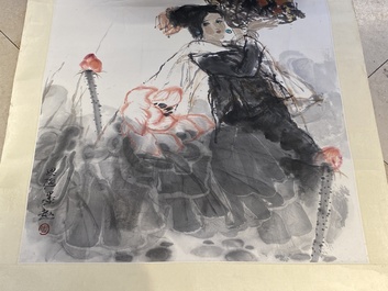 Zhou Sicong (1939-1996): &lsquo;Dame au fleur de lotus&rsquo;, encre et couleurs sur papier