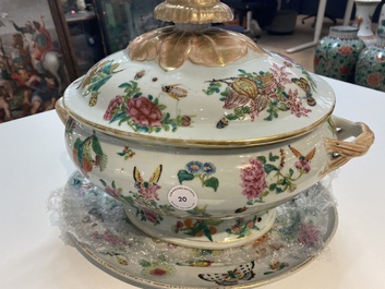 A Chinese Canton famille rose 'butterflies' tureen and cover on stand, 19th C.