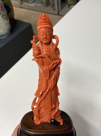 A Chinese carved red coral 'Guanyin' figure, 19/20th C.