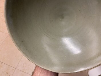 Three Chinese celadon-glazed 'lotus' bowls, Song