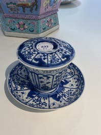 A Chinese blue and white covered cup and saucer for the French market, Kangxi