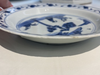 Four Chinese blue and white plates, Wanli and Transitional period